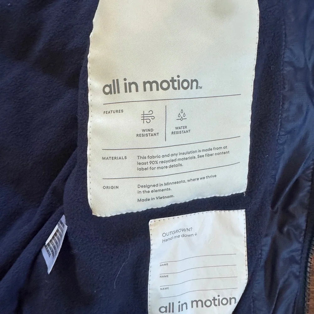 All in Motion Kids Puffer Jacket Navy Blue Hooded Wind Water Resistant Large L